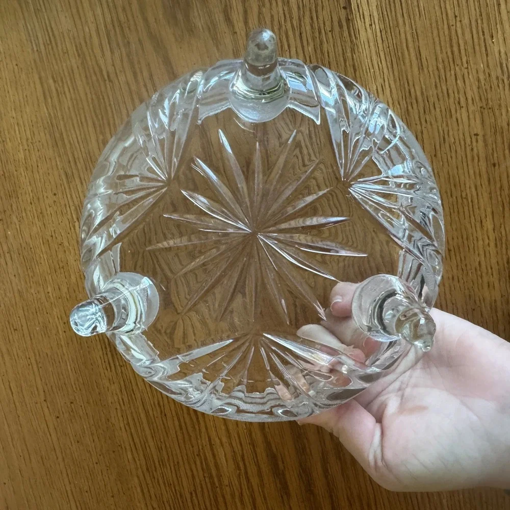Vintage Crystal Glass Footed Candy Dish Bowl‎ Etched Floral Leaves Design